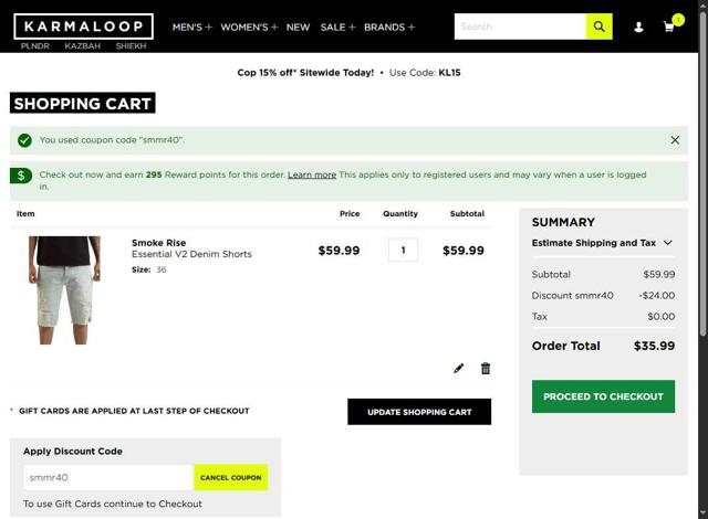 Karmaloop checkout page showing Karmaloop promo code box | Screenshot taken by SimplyCodes community member on Sep 1, 2025