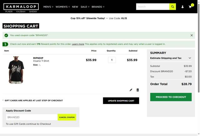 Karmaloop checkout page showing Karmaloop promo code box | Screenshot taken by SimplyCodes community member on Aug 30, 2025