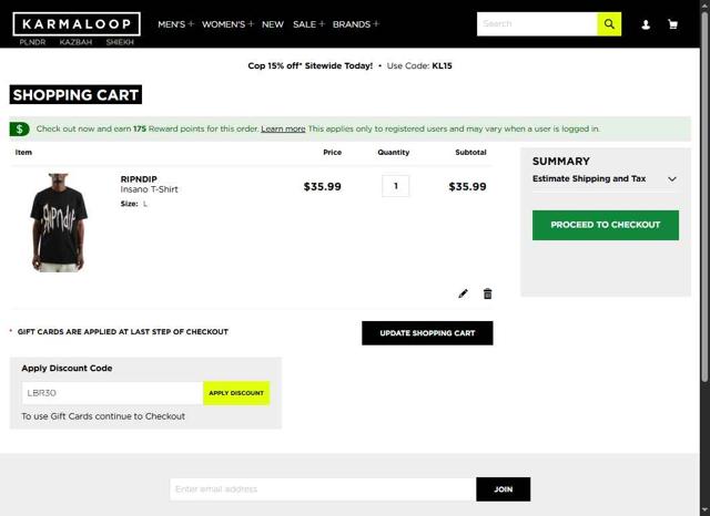 Karmaloop checkout page showing Karmaloop promo code box | Screenshot taken by SimplyCodes community member on Sep 9, 2025