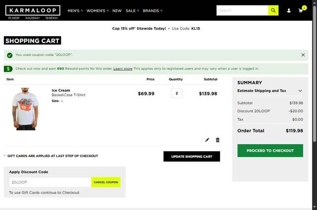Karmaloop checkout page showing Karmaloop promo code box | Screenshot taken by SimplyCodes community member on Aug 29, 2025
