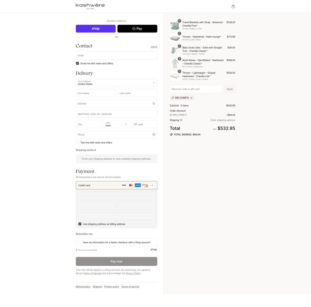 Kashwére checkout page showing Kashwére promo code box | Screenshot taken by SimplyCodes community member on Aug 31, 2025