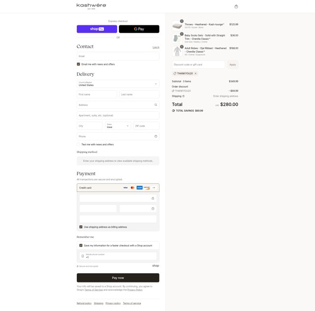 Kashwére checkout page showing Kashwére promo code box | Screenshot taken by SimplyCodes community member on Aug 23, 2025