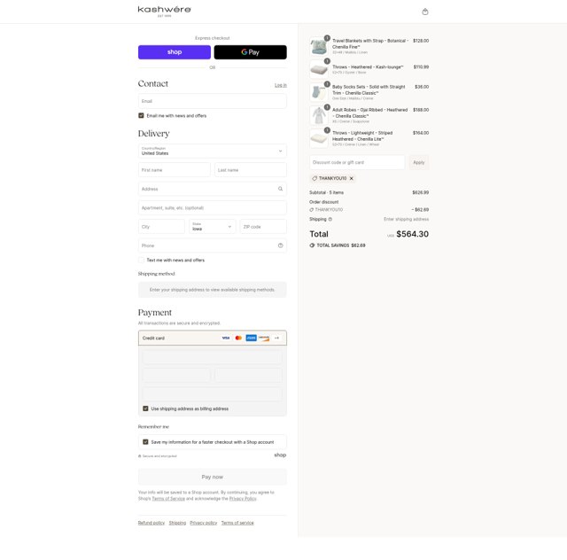 Kashwére checkout page showing Kashwére promo code box | Screenshot taken by SimplyCodes community member on Aug 31, 2025