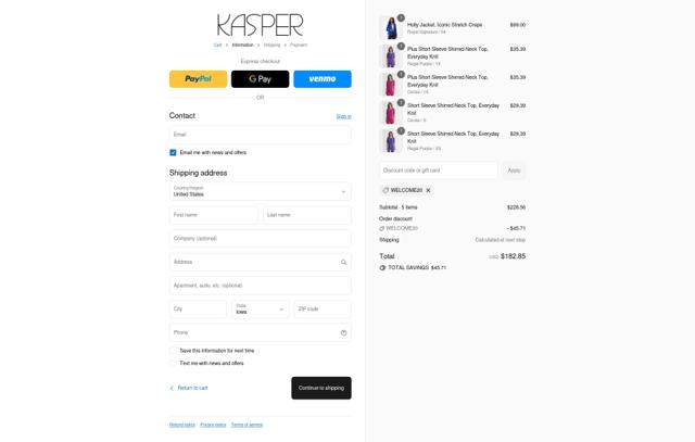 Kasper checkout page showing Kasper discount code box | Screenshot taken by SimplyCodes community member on Sep 12, 2025