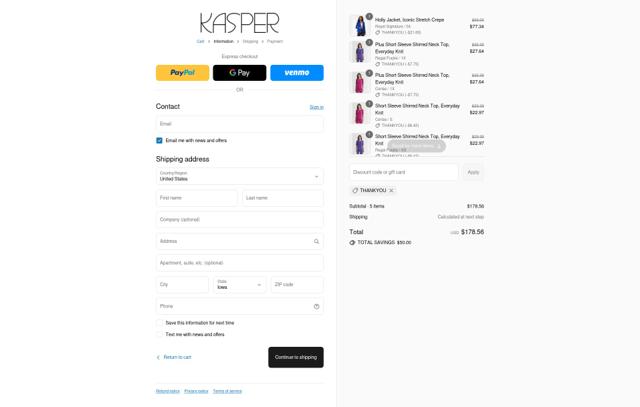 Kasper checkout page showing Kasper discount code box | Screenshot taken by SimplyCodes community member on Sep 12, 2025