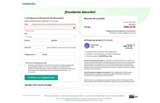 Kaspersky Lab checkout page showing Kaspersky Lab promo code box | Screenshot taken by SimplyCodes community member on Aug 23, 2025