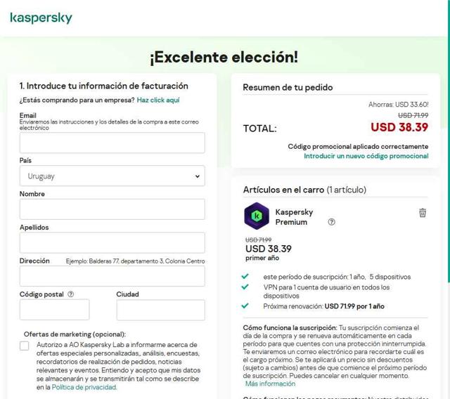 Kaspersky Lab checkout page showing Kaspersky Lab promo code box | Screenshot taken by SimplyCodes community member on Aug 23, 2025