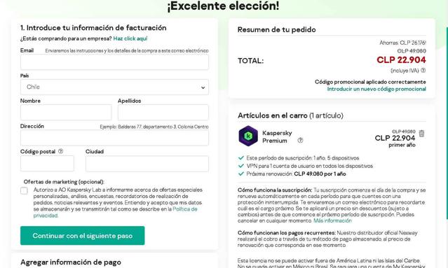Kaspersky Lab checkout page showing Kaspersky Lab promo code box | Screenshot taken by SimplyCodes community member on Aug 23, 2025