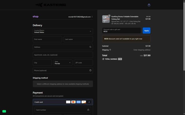 Kastking checkout page showing Kastking discount code box | Screenshot taken by SimplyCodes community member on Sep 5, 2025