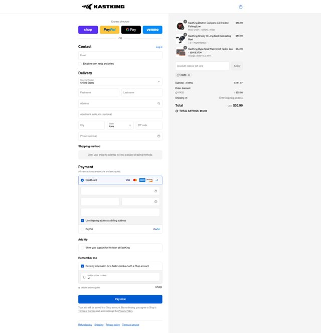 Kastking checkout page showing Kastking discount code box | Screenshot taken by SimplyCodes community member on Sep 5, 2025