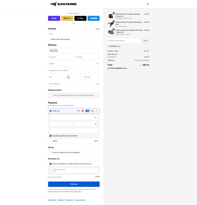 Kastking checkout page showing Kastking discount code box | Screenshot taken by SimplyCodes community member on Sep 2, 2025