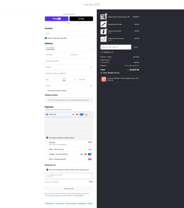 Katalyst Fit checkout page showing Katalyst Fit promo code box | Screenshot taken by SimplyCodes community member on Aug 16, 2025