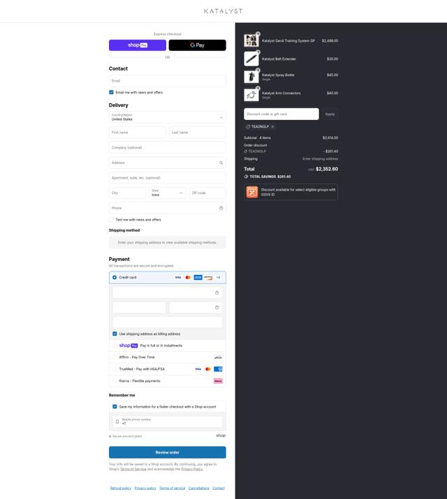 Katalyst Fit checkout page showing Katalyst Fit promo code box | Screenshot taken by SimplyCodes community member on Aug 12, 2025