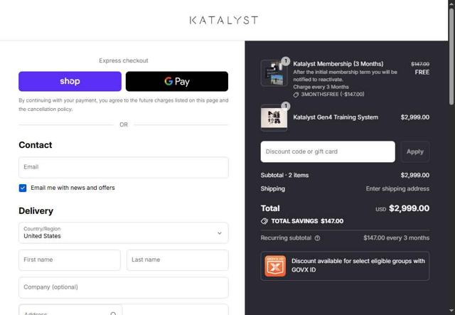 Katalyst Fit checkout page showing Katalyst Fit promo code box | Screenshot taken by SimplyCodes community member on Sep 6, 2025