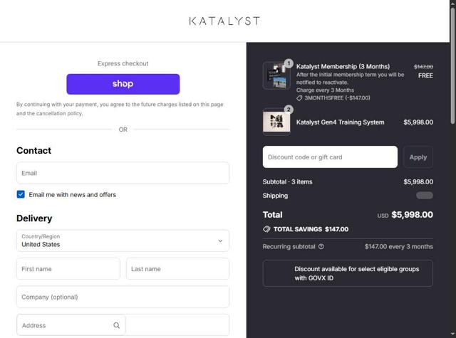 Katalyst Fit checkout page showing Katalyst Fit promo code box | Screenshot taken by SimplyCodes community member on Sep 6, 2025