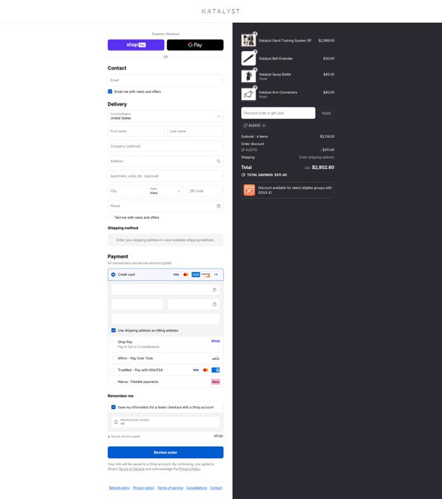 Katalyst Fit checkout page showing Katalyst Fit promo code box | Screenshot taken by SimplyCodes community member on Aug 16, 2025