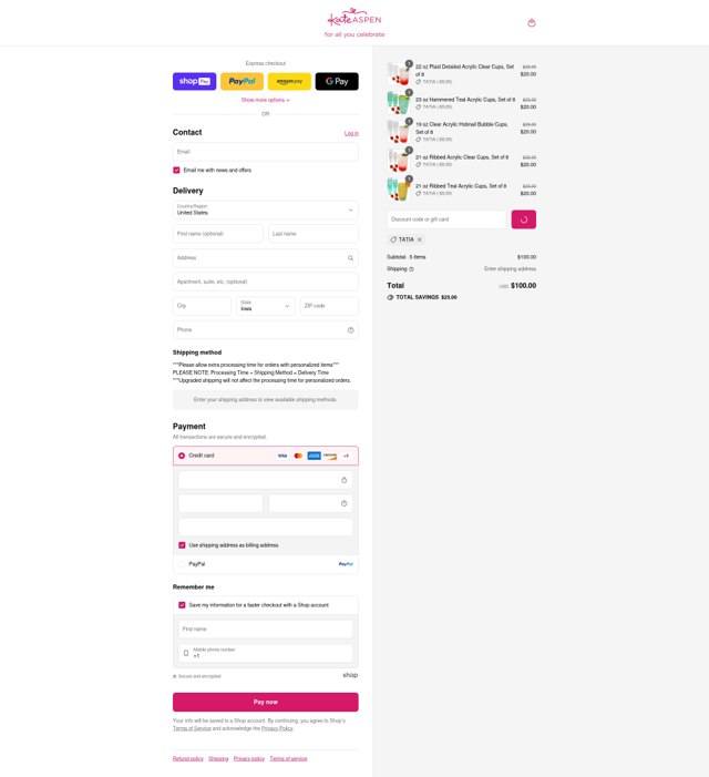 Kate Aspen checkout page showing Kate Aspen promo code box | Screenshot taken by SimplyCodes community member on Aug 12, 2025