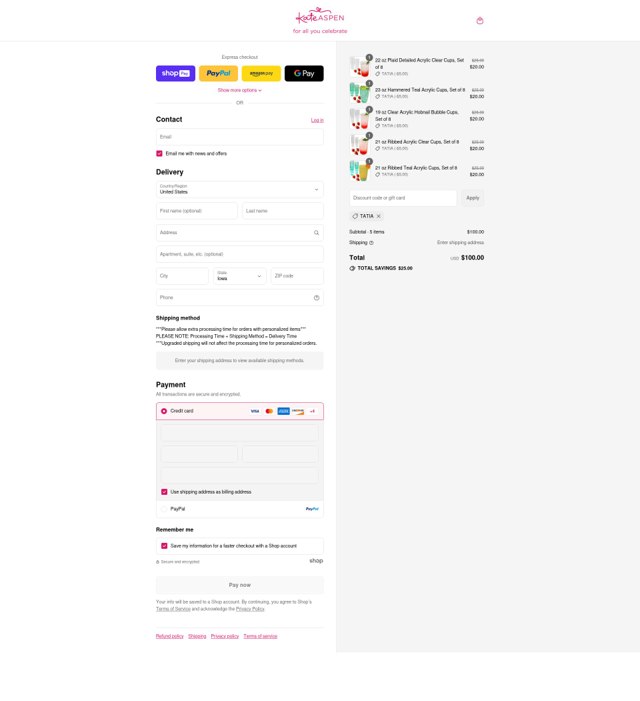 Kate Aspen checkout page showing Kate Aspen promo code box | Screenshot taken by SimplyCodes community member on Aug 22, 2025