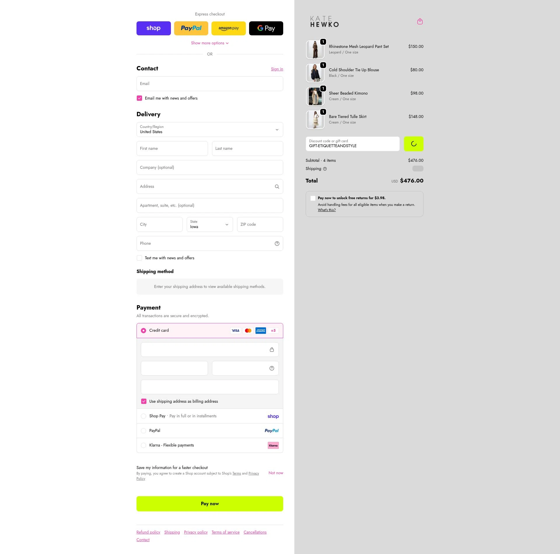 Kate Hewko checkout page showing Kate Hewko discount code box | Screenshot taken by SimplyCodes community member on Feb 19, 2026