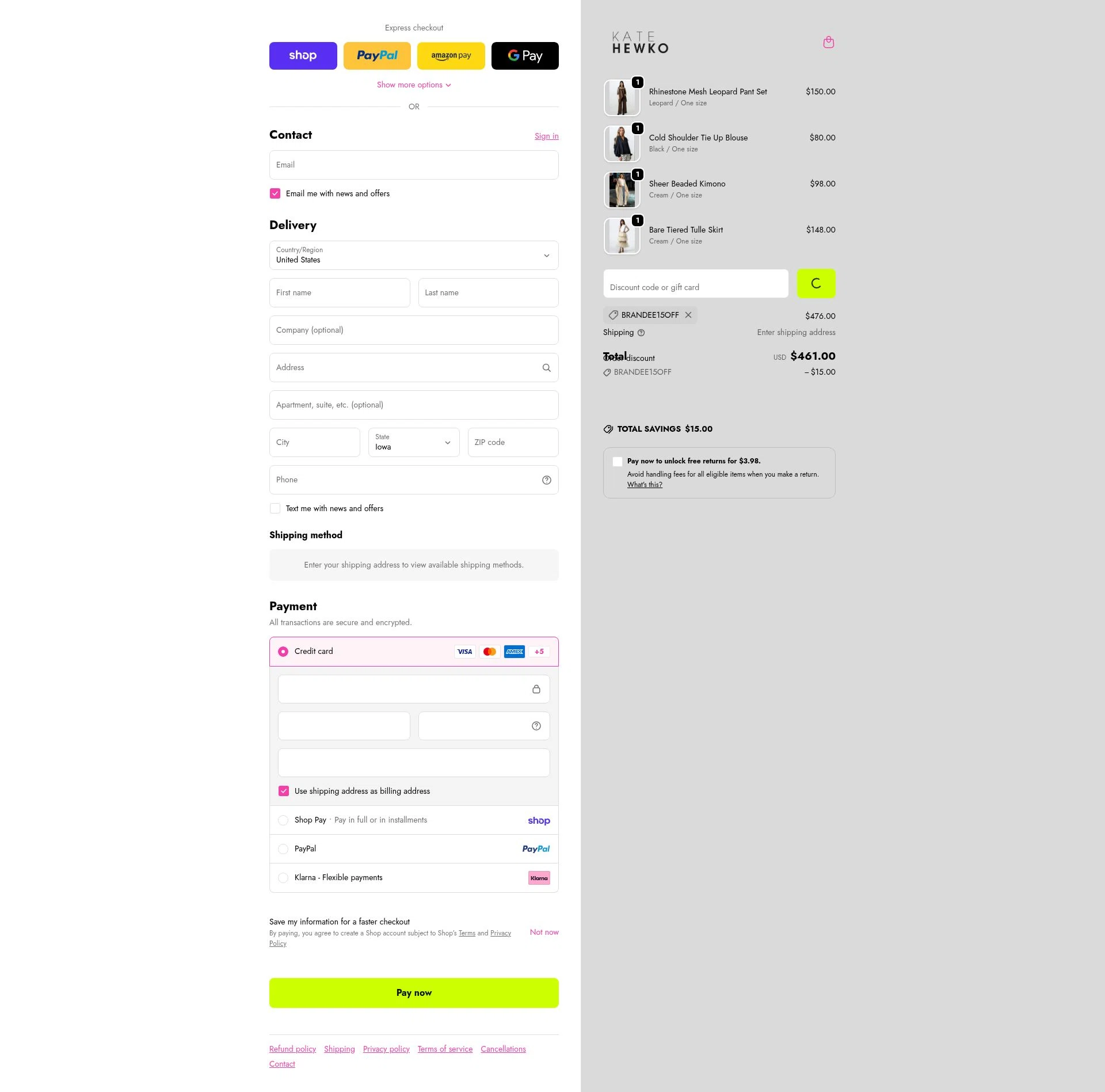 Kate Hewko checkout page showing Kate Hewko discount code box | Screenshot taken by SimplyCodes community member on Feb 19, 2026