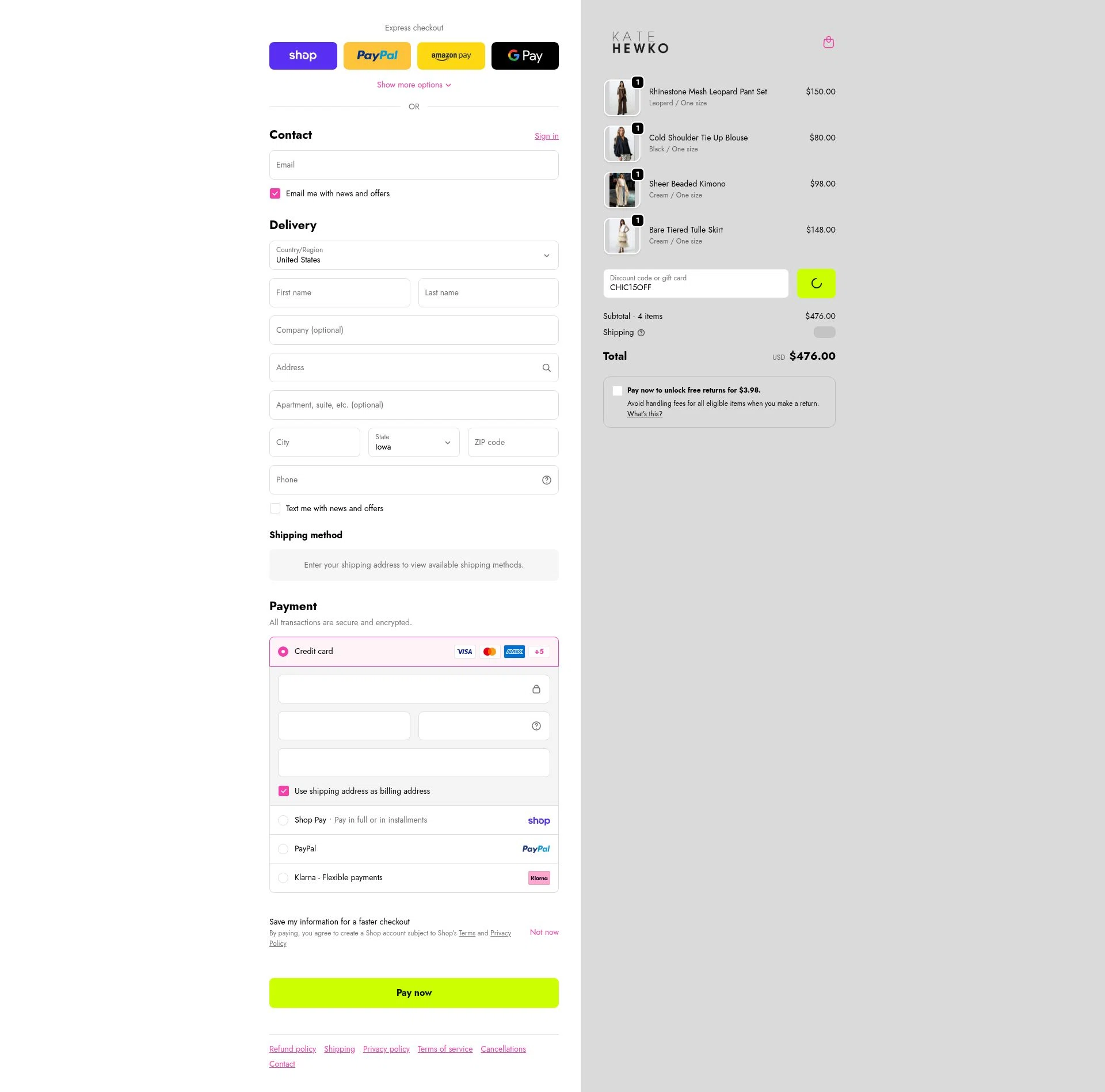 Kate Hewko checkout page showing Kate Hewko discount code box | Screenshot taken by SimplyCodes community member on Feb 19, 2026