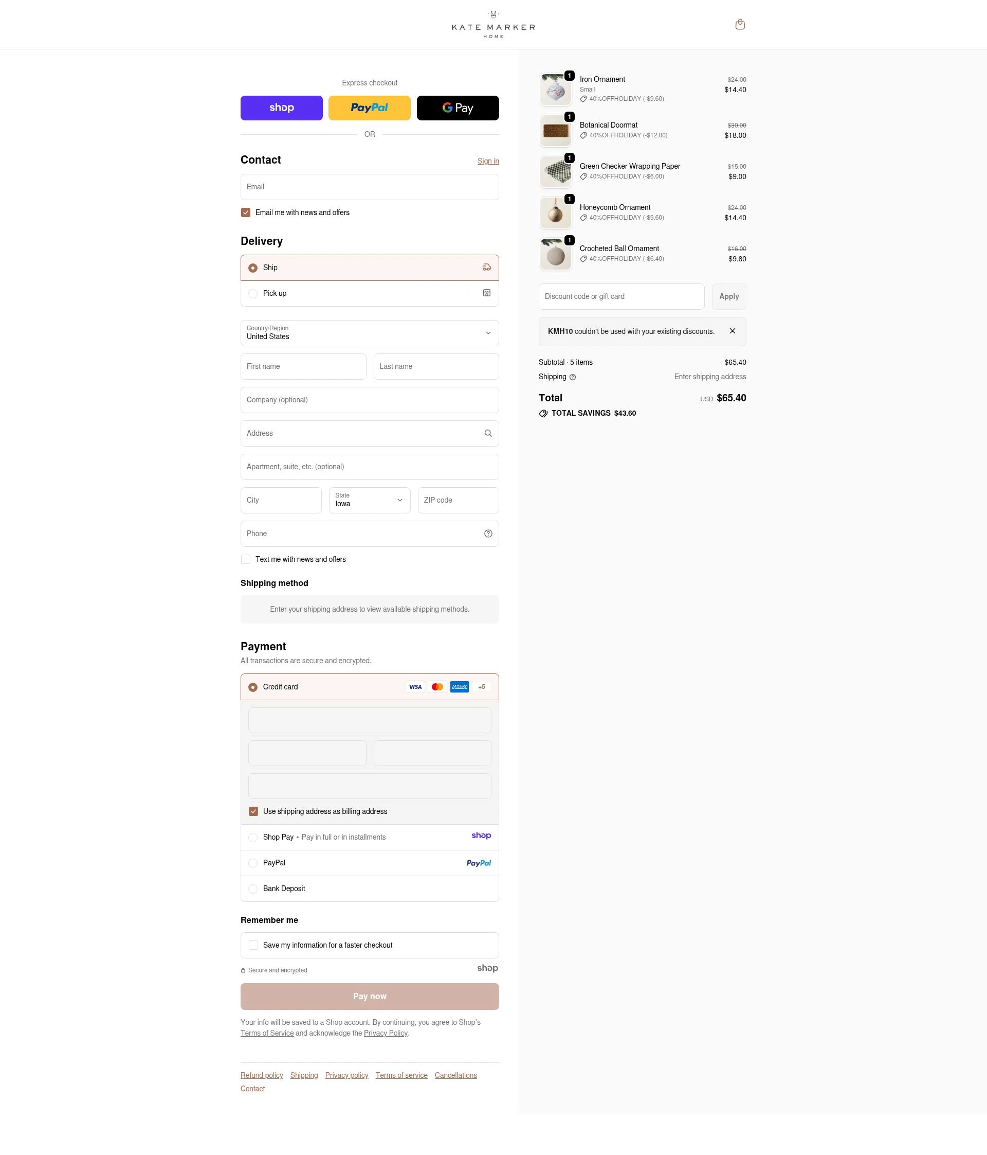 Kate Marker Home checkout page showing Kate Marker Home promo code box | Screenshot taken by SimplyCodes community member on Jan 3, 2026