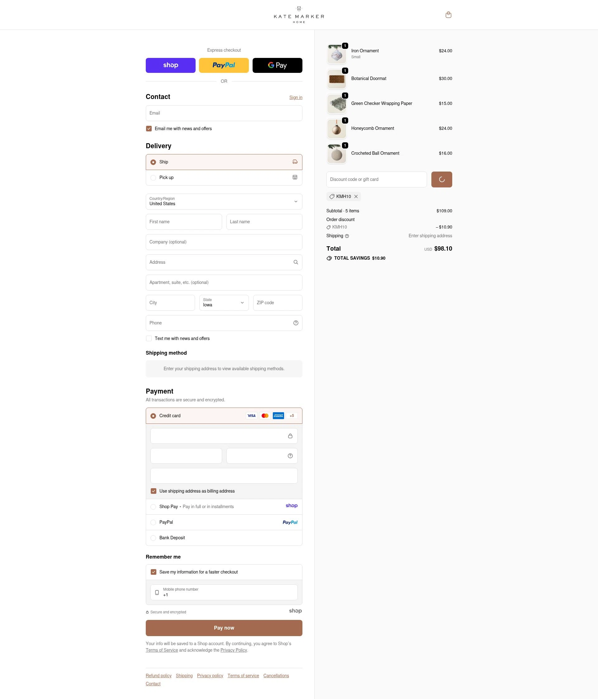 Kate Marker Home checkout page showing Kate Marker Home promo code box | Screenshot taken by SimplyCodes community member on Jan 8, 2026