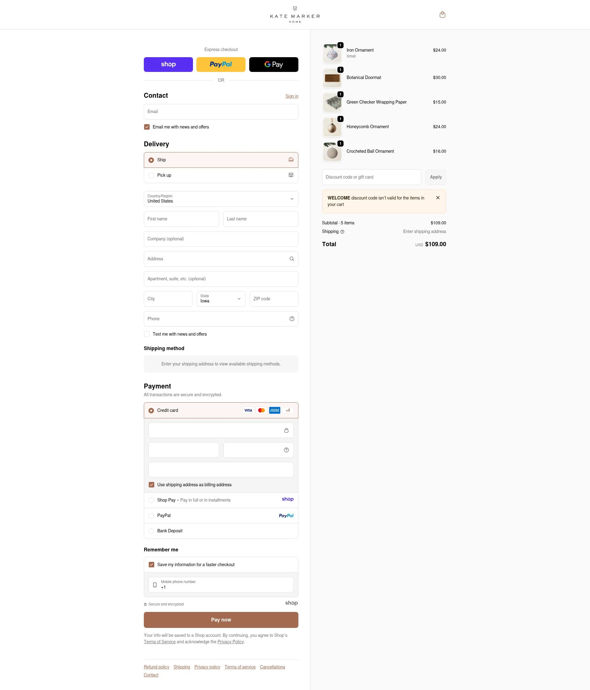 Kate Marker Home checkout page showing Kate Marker Home promo code box | Screenshot taken by SimplyCodes community member on Jan 8, 2026