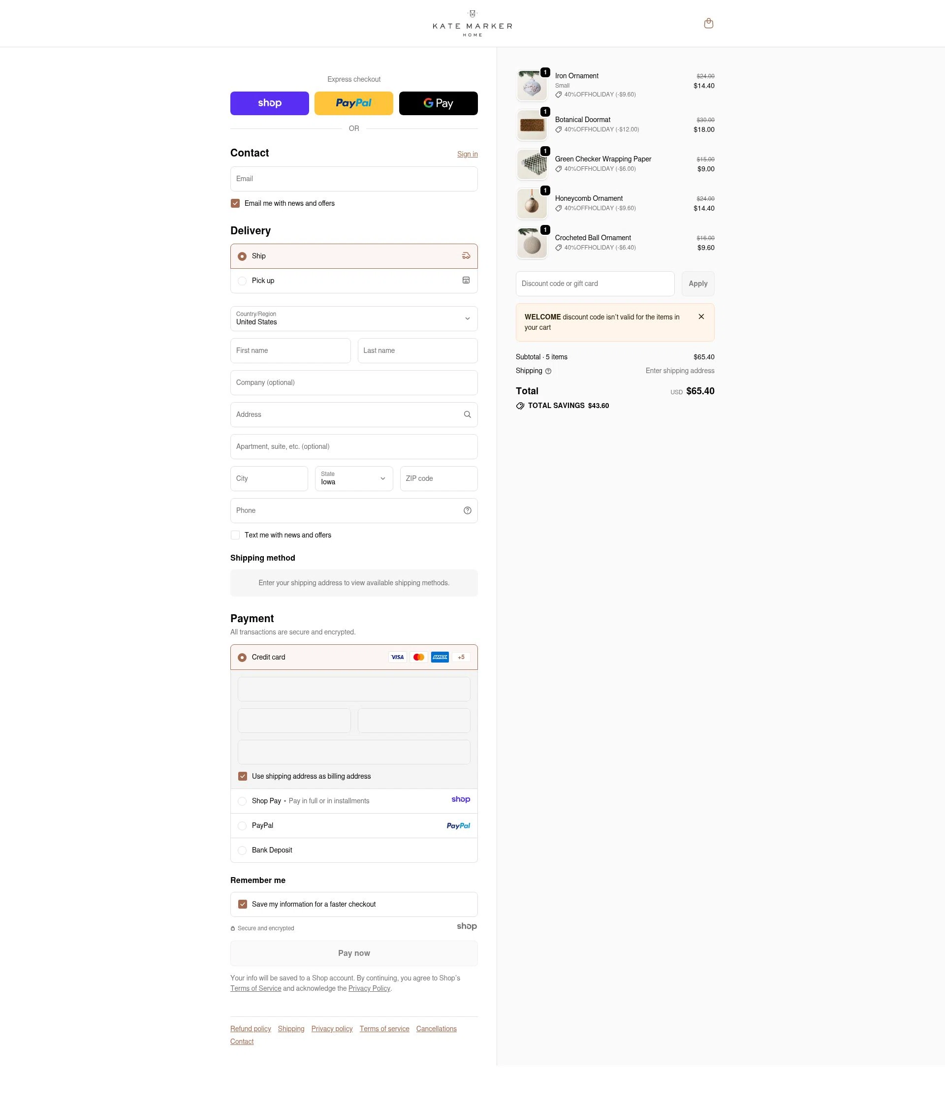 Kate Marker Home checkout page showing Kate Marker Home promo code box | Screenshot taken by SimplyCodes community member on Jan 3, 2026