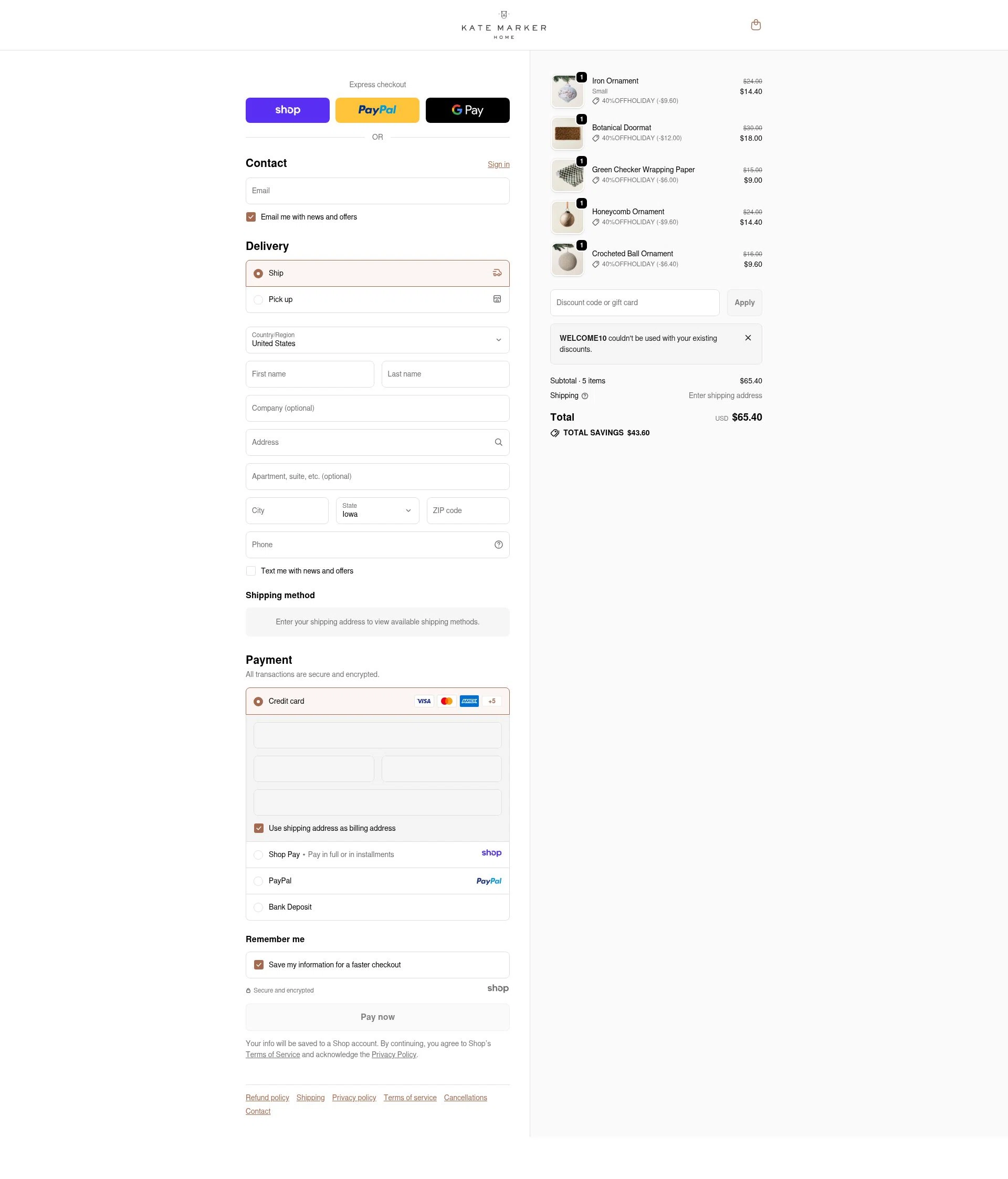 Kate Marker Home checkout page showing Kate Marker Home promo code box | Screenshot taken by SimplyCodes community member on Jan 3, 2026