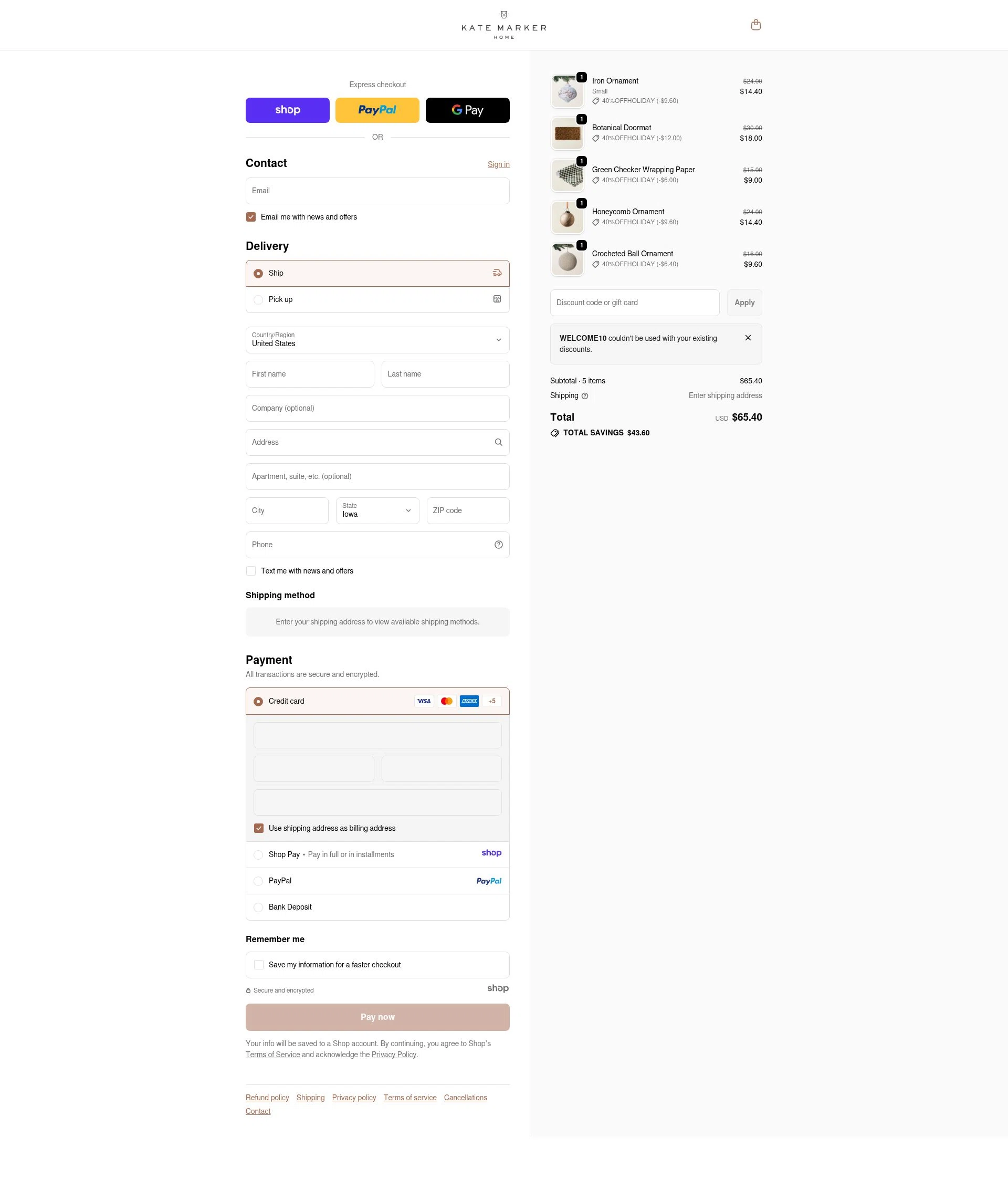 Kate Marker Home checkout page showing Kate Marker Home promo code box | Screenshot taken by SimplyCodes community member on Dec 29, 2025
