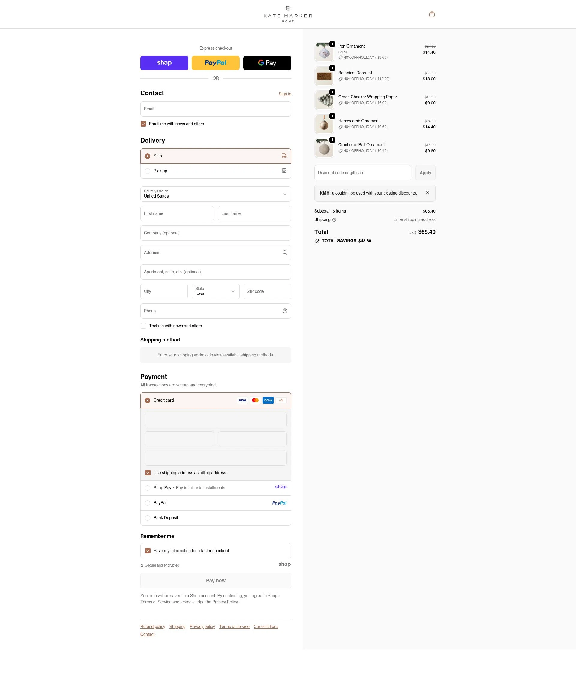 Kate Marker Home checkout page showing Kate Marker Home promo code box | Screenshot taken by SimplyCodes community member on Dec 29, 2025