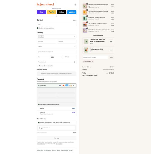 Kate McLeod checkout page showing Kate McLeod discount code box | Screenshot taken by SimplyCodes community member on Aug 29, 2025