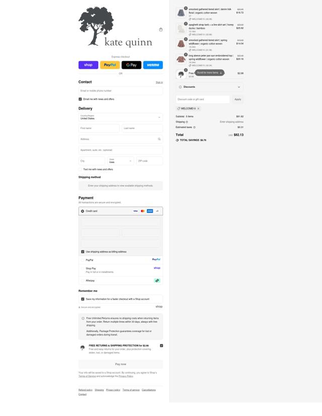 Kate Quinn checkout page showing Kate Quinn discount code box | Screenshot taken by SimplyCodes community member on Sep 14, 2025