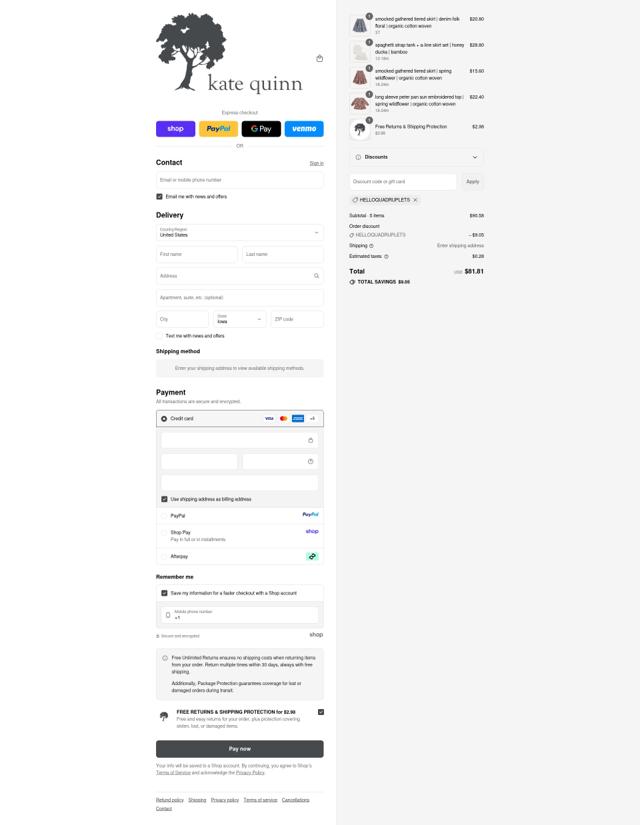 Kate Quinn checkout page showing Kate Quinn discount code box | Screenshot taken by SimplyCodes community member on Sep 10, 2025