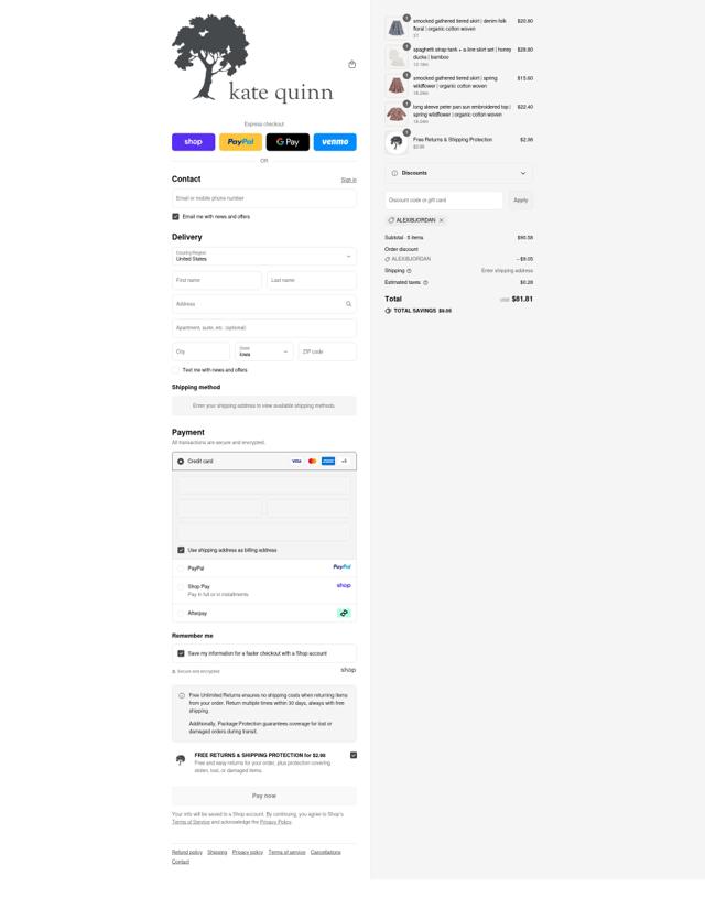 Kate Quinn checkout page showing Kate Quinn discount code box | Screenshot taken by SimplyCodes community member on Sep 14, 2025