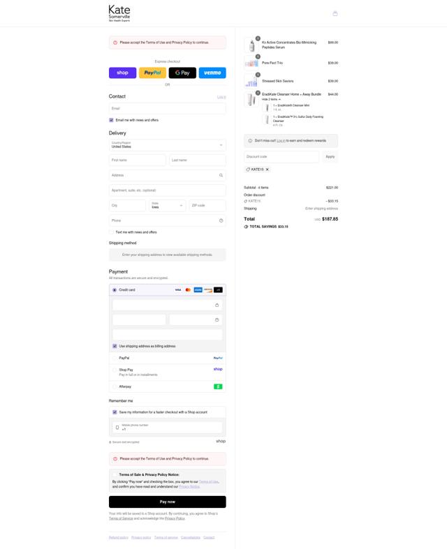 Kate Somerville checkout page showing Kate Somerville discount code box | Screenshot taken by SimplyCodes community member on Sep 8, 2025