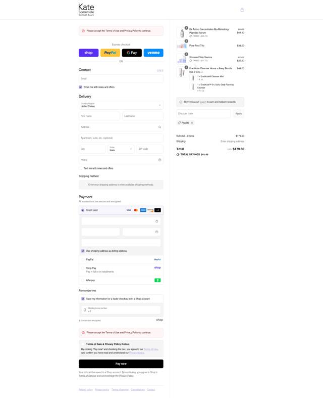 Kate Somerville checkout page showing Kate Somerville discount code box | Screenshot taken by SimplyCodes community member on Sep 8, 2025