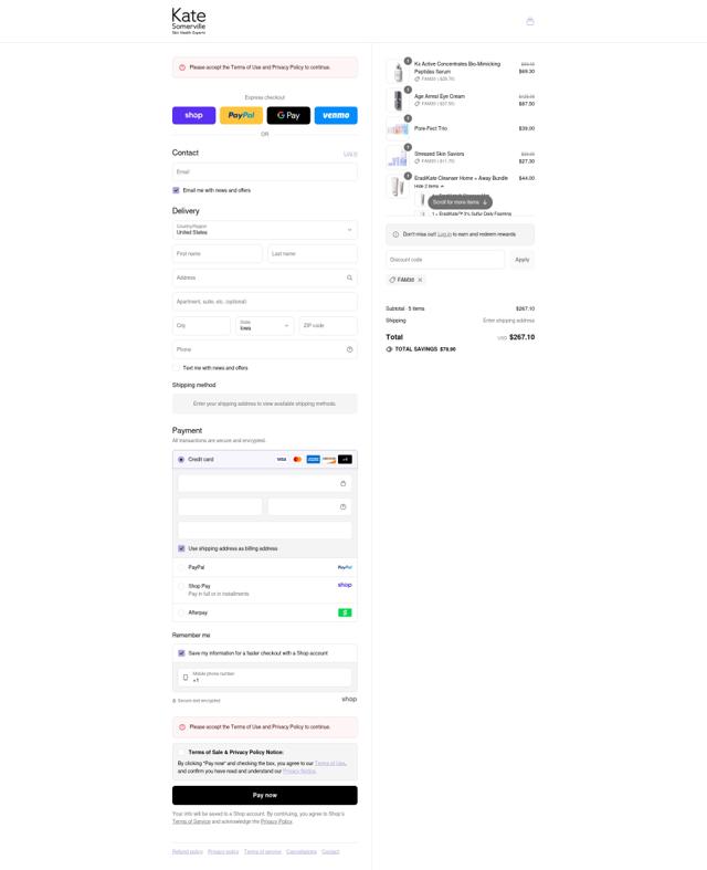 Kate Somerville checkout page showing Kate Somerville discount code box | Screenshot taken by SimplyCodes community member on Sep 4, 2025