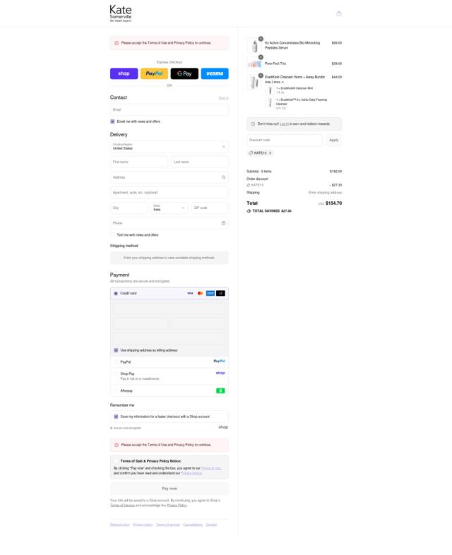 Kate Somerville checkout page showing Kate Somerville discount code box | Screenshot taken by SimplyCodes community member on Sep 12, 2025