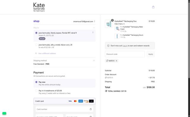 Kate Somerville checkout page showing Kate Somerville discount code box | Screenshot taken by SimplyCodes community member on Sep 4, 2025
