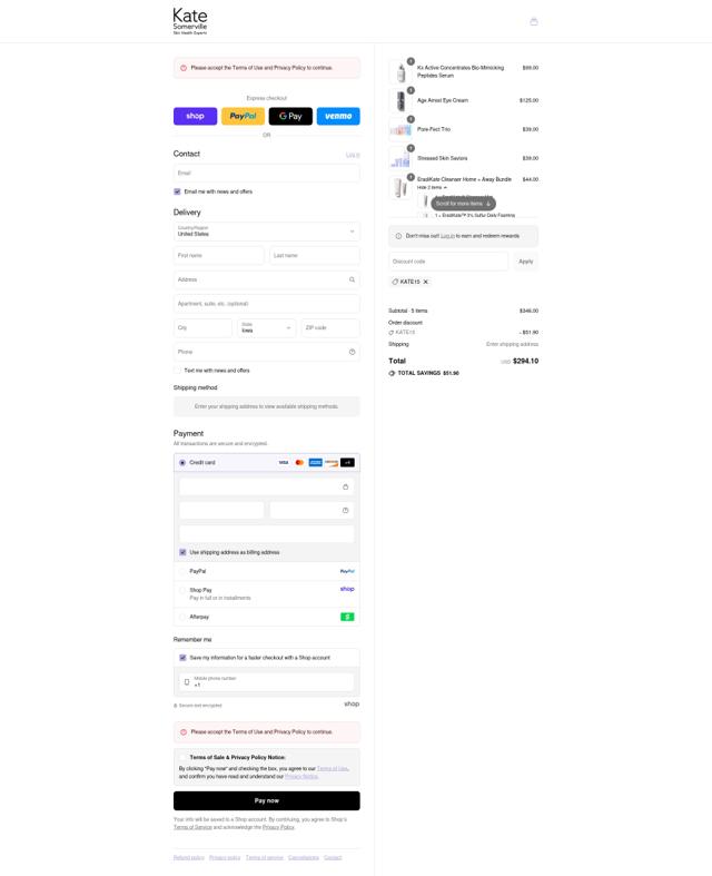 Kate Somerville checkout page showing Kate Somerville discount code box | Screenshot taken by SimplyCodes community member on Sep 4, 2025