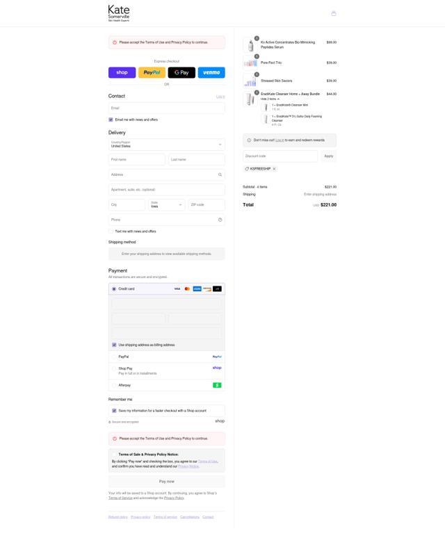 Kate Somerville checkout page showing Kate Somerville discount code box | Screenshot taken by SimplyCodes community member on Sep 8, 2025
