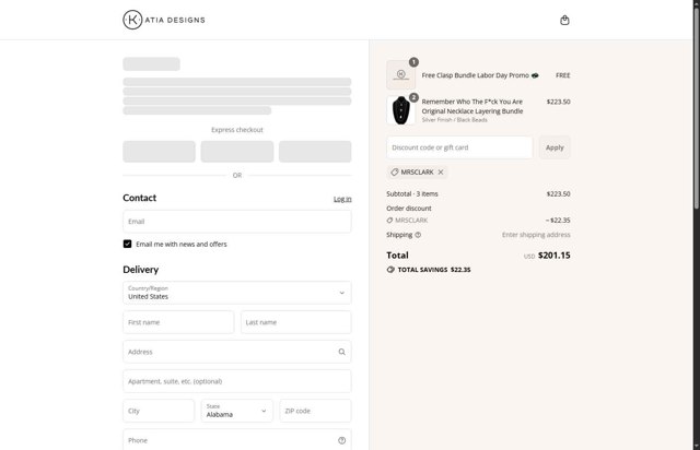 katia designs checkout page showing katia designs coupon code box | Screenshot taken by SimplyCodes community member on Sep 1, 2025