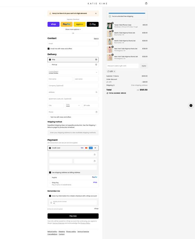 Katie Kime checkout page showing Katie Kime discount code box | Screenshot taken by SimplyCodes community member on Sep 10, 2025