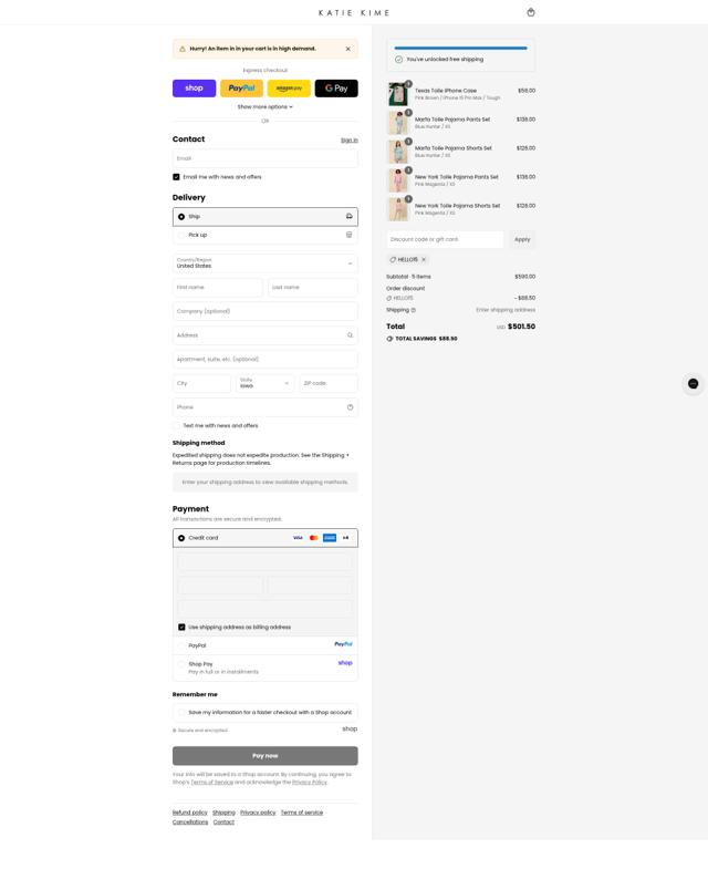 Katie Kime checkout page showing Katie Kime discount code box | Screenshot taken by SimplyCodes community member on Sep 10, 2025