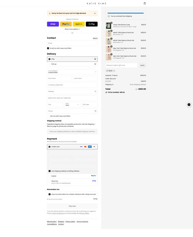 Katie Kime checkout page showing Katie Kime discount code box | Screenshot taken by SimplyCodes community member on Sep 14, 2025