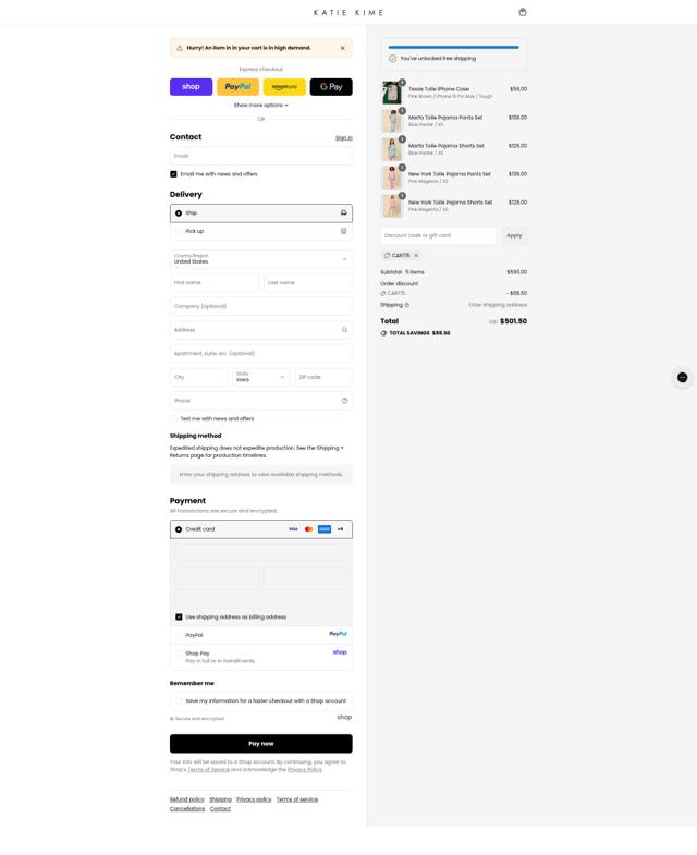 Katie Kime checkout page showing Katie Kime discount code box | Screenshot taken by SimplyCodes community member on Sep 10, 2025