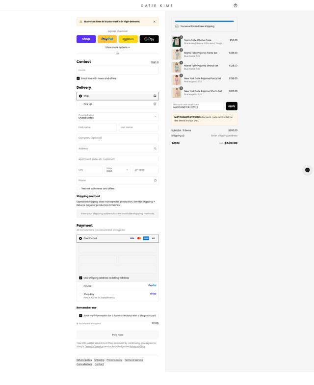 Katie Kime checkout page showing Katie Kime discount code box | Screenshot taken by SimplyCodes community member on Sep 10, 2025