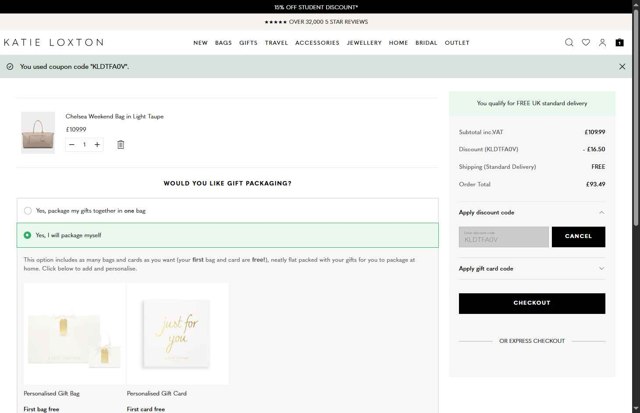 Katie Loxton checkout page showing Katie Loxton discount code box | Screenshot taken by SimplyCodes community member on Aug 30, 2025